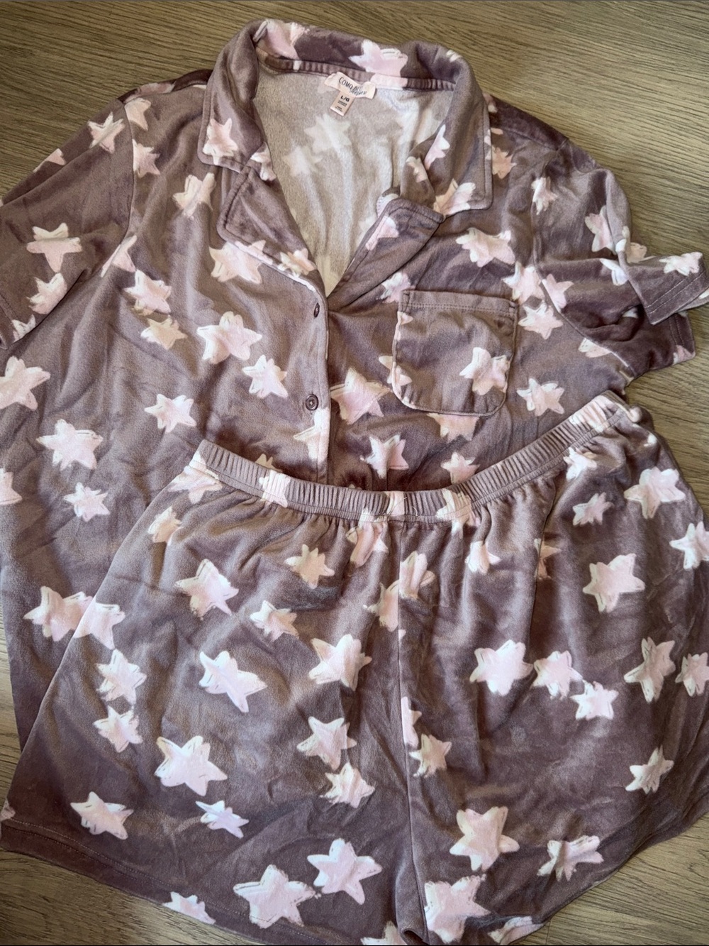 Cozy Star-Print Short Pajama Set in Taupe and Pink